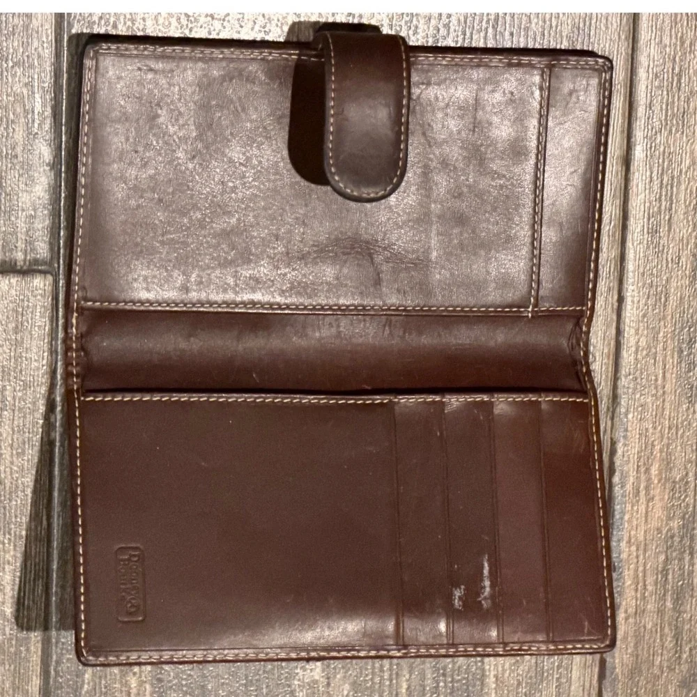 Dooney & Bourke Monogram Jacquard Leather Trim Bifold Long Wallet Brown Vintage